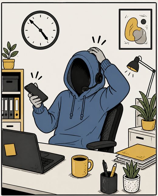 Callum, denim-blue hoodie, phone in hand