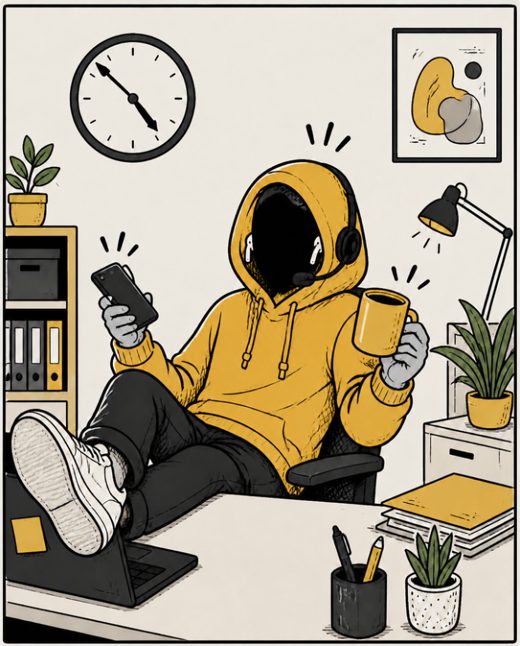 Dean, yellow hoodie, feet up, phone in hand