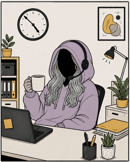 Millie, lilac hoodie and long wavy grey hair